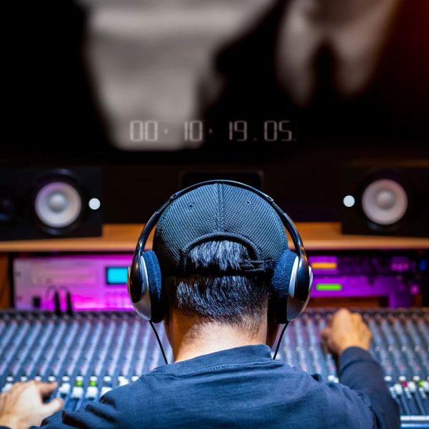 Hombre joven con gorra y cascos sentado frente a un estudio de producción